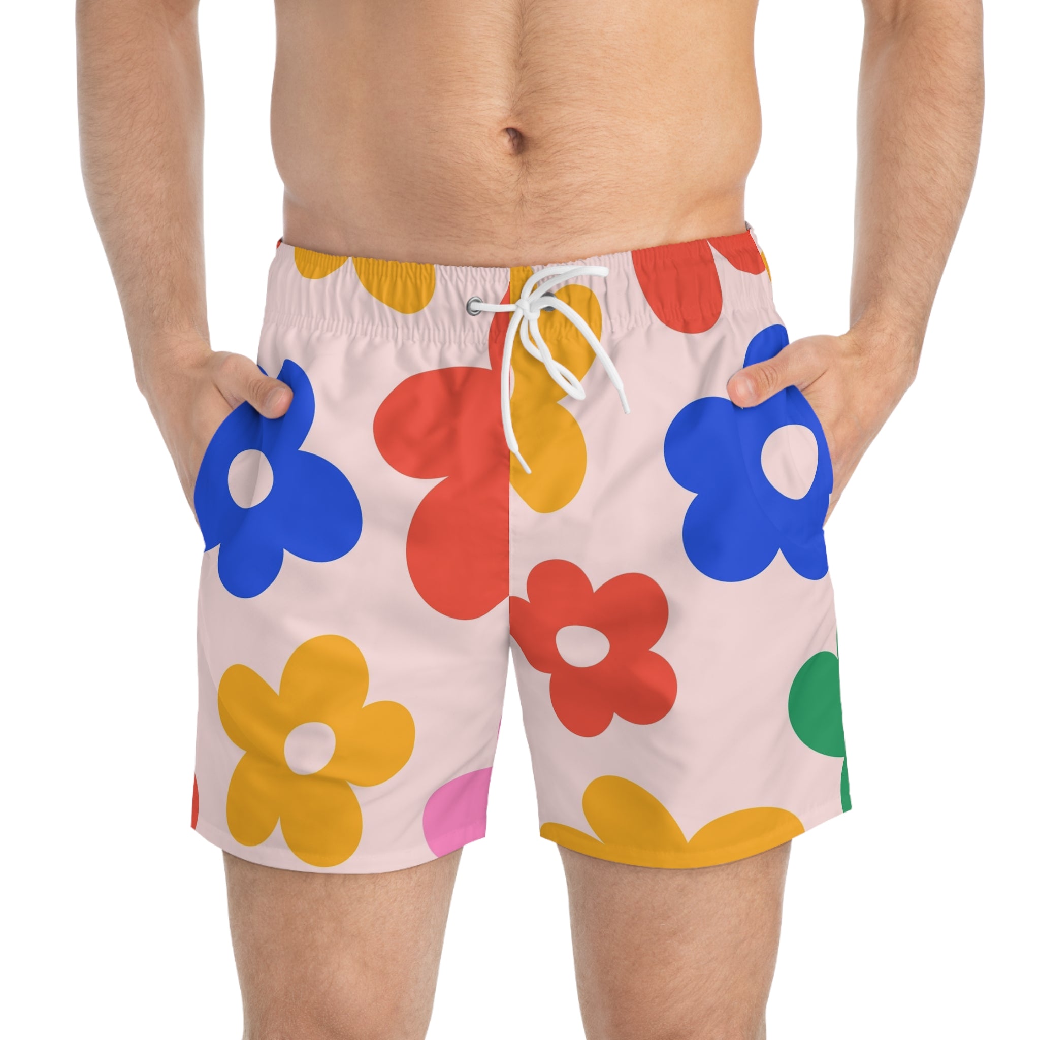 Le Faire Étalage Floral Retro Swim Trunks — Colorful 70s Daisy All-Over Print