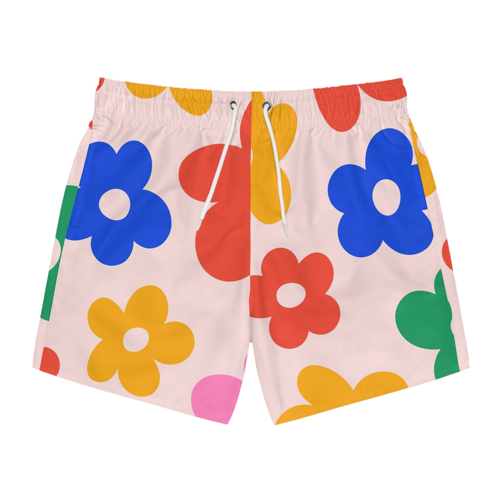 Le Faire Étalage Floral Retro Swim Trunks — Colorful 70s Daisy All-Over Print