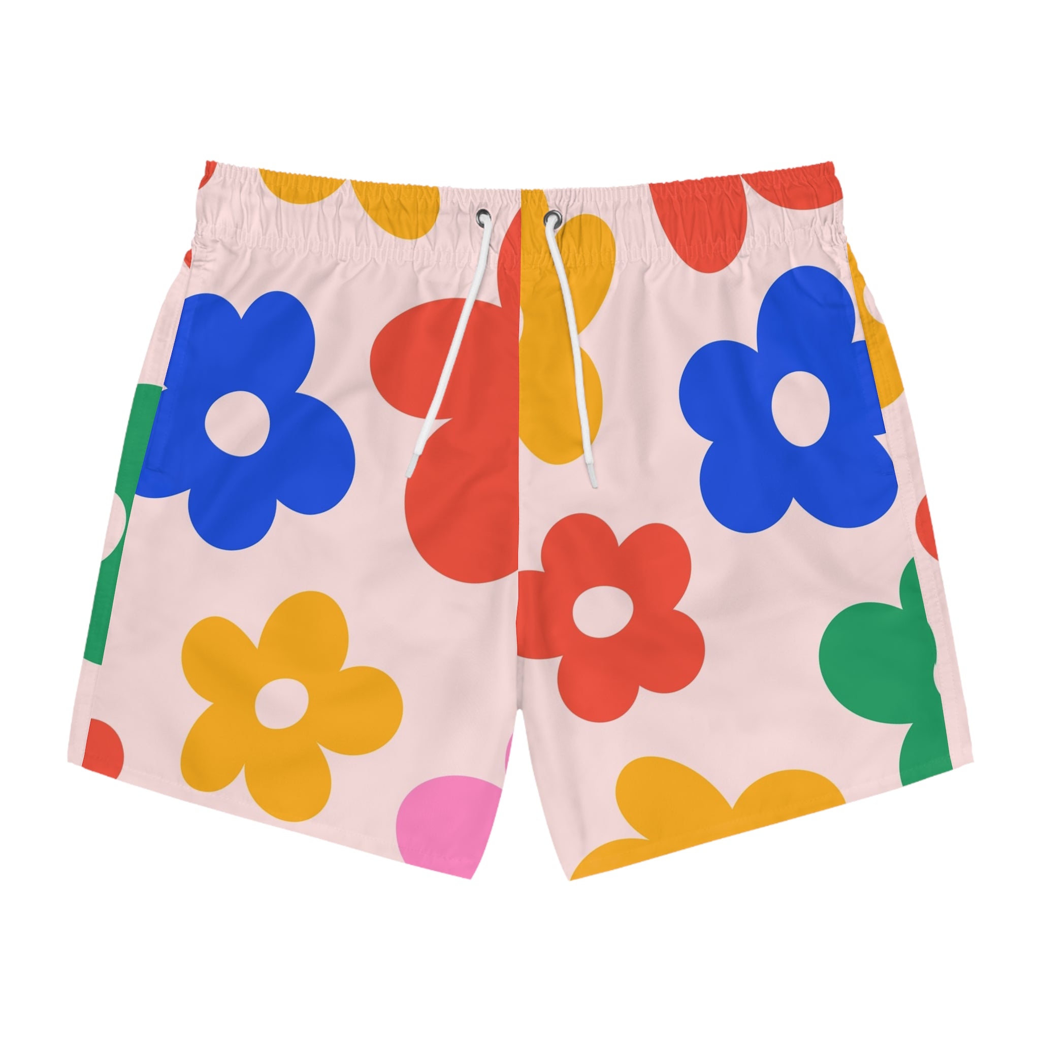 Le Faire Étalage Floral Retro Swim Trunks — Colorful 70s Daisy All-Over Print
