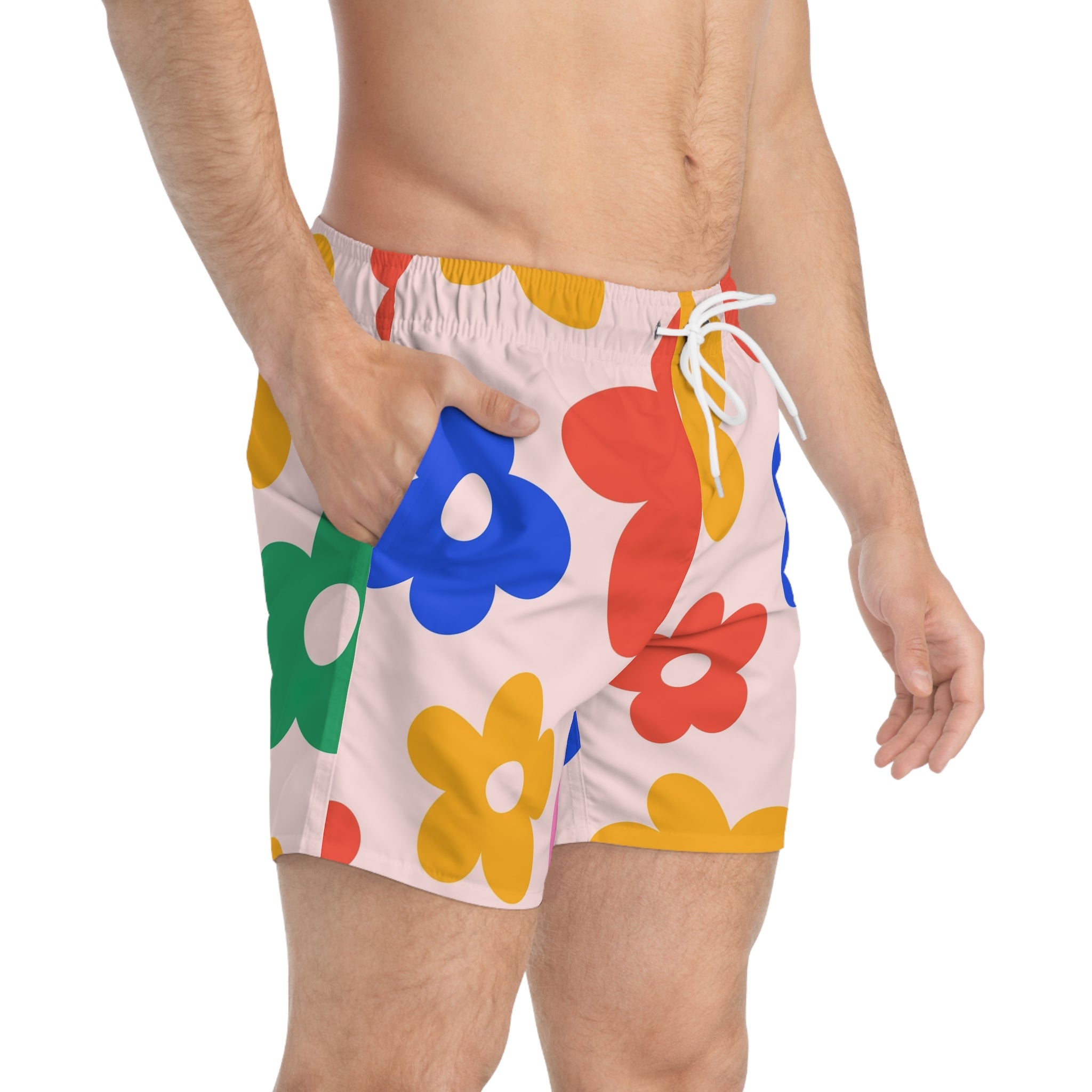 Le Faire Étalage Floral Retro Swim Trunks — Colorful 70s Daisy All-Over Print