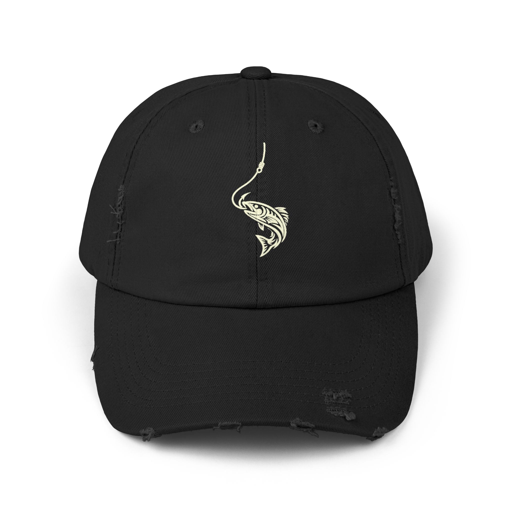Distressed Black Cap with Vintage Fish Hook Embroidery